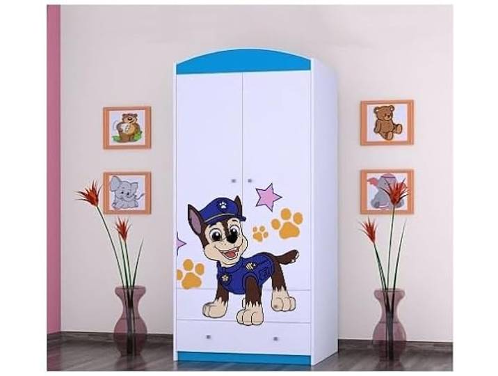 BDW - Kinder Kleiderschrank - Kinderschrank Super Hunde Motiv - Aufbewahrungsschrank für Jugendzimmer, Kinderzimmer - Drucke aus sicheren Farben - 187x88x54cm - Blau - Hund eines Polizisten