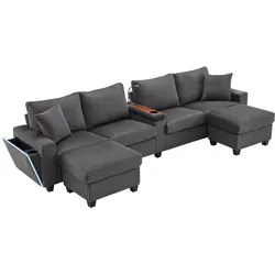 ECKSOFA aus Cord in Grau mit LED-Beleuchtung & smarten USB-Anschlüssen