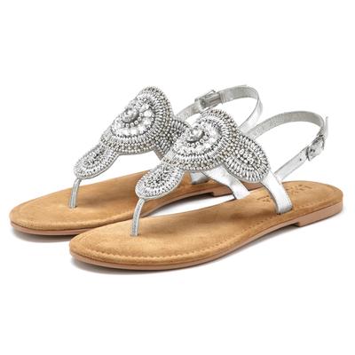 Zehentrenner LASCANA "Sandalette, Sommerschuh, offener Schuh", Damen, Gr. 35, Schafsleder, silber (silberfarben), Obermaterial: 80% Synthetik, 20% Schafsleder. Decksohle: 100% Ziegenleder. Futter: 100% Schafsleder. Laufsohle: 100% Synthetik,...