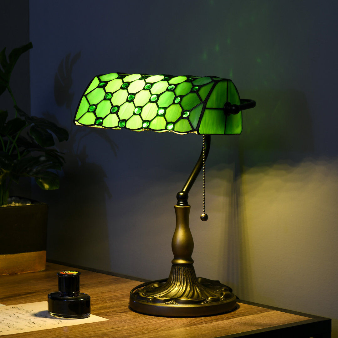 Astoria Grand Inouye Stained Glass Table Lamp, Vintage Lamp with Green Handmade Shade Brown 38cm H X 26cm W X 19cm D