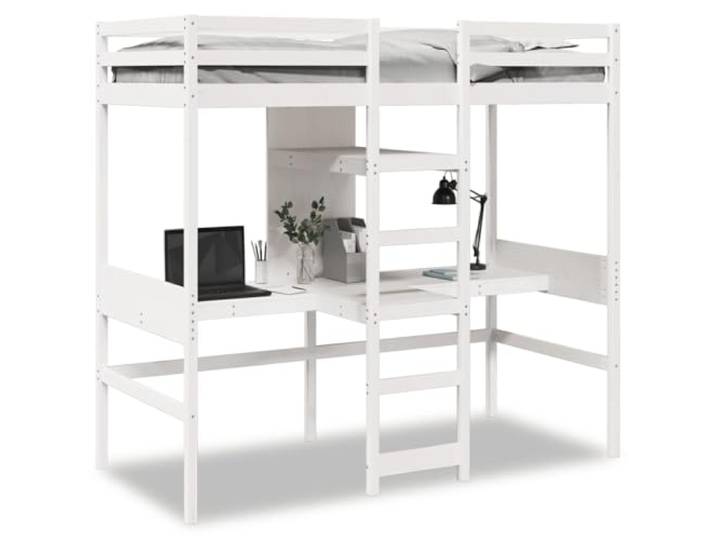 PUGYNBK Hochbett aus massivem Kiefernholz, 75 x 190 cm Mit Schreibtischen und Regalen, Leiter und Geländern, Lattenboden, ohne Matratze