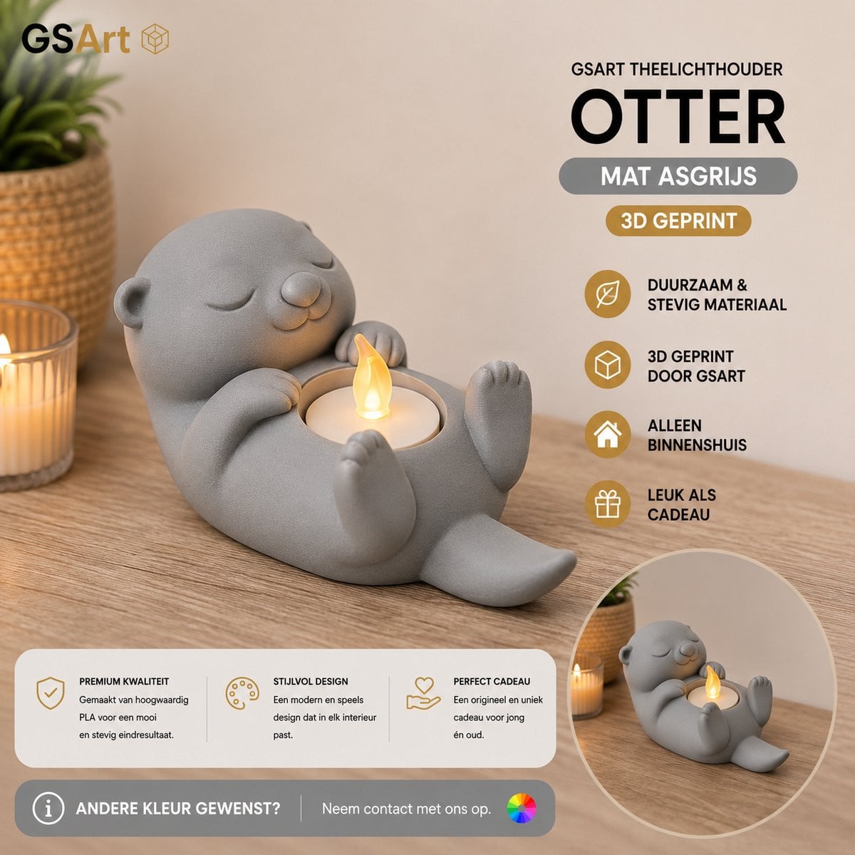 GSArt Theelichthouder Otter met LED theelichtje - Decoratieve Otter - Mat Asgrijs