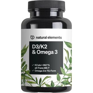 natural-elements Vitamin-D 90 Kapseln, Vitamin D3 + K2 MK7 + Omega3, hochdosiert, je Kapsel 5000 I.E.