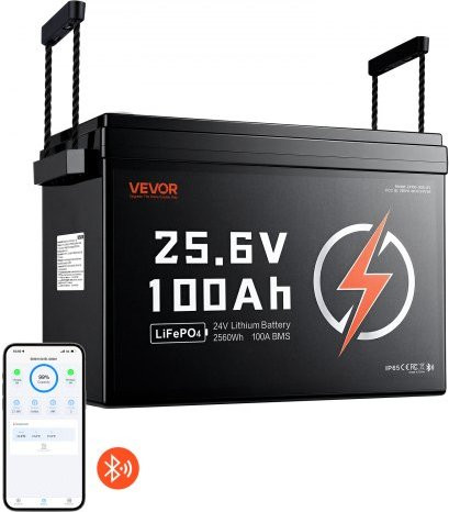 VEVOR LiFePO4 Lithiumaccu 24V 100Ah 100A met Bluetooth BMS, 2560Wh, Zwart