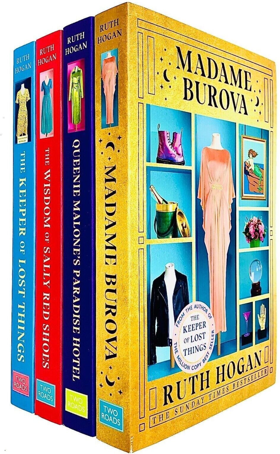 Two Roads Ruth Hogan 4 Books Collection Set - The Wisdom of Sally Red Shoes, Queenie Malone's Paradise Hotel, The Keeper of Lost Things & Madame Burova