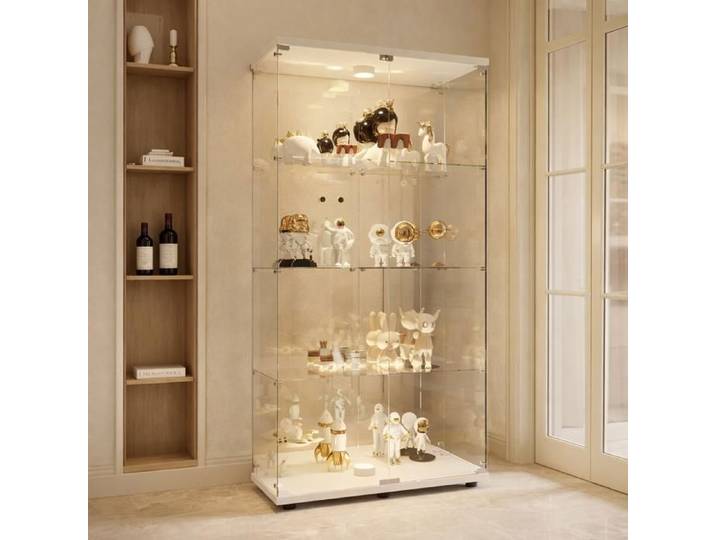 Vitrine en verre 164x80x36cm 4 étagères vitrine de collectionneur avec lumière LED 2 porte vitrine de rangement en verre blanc