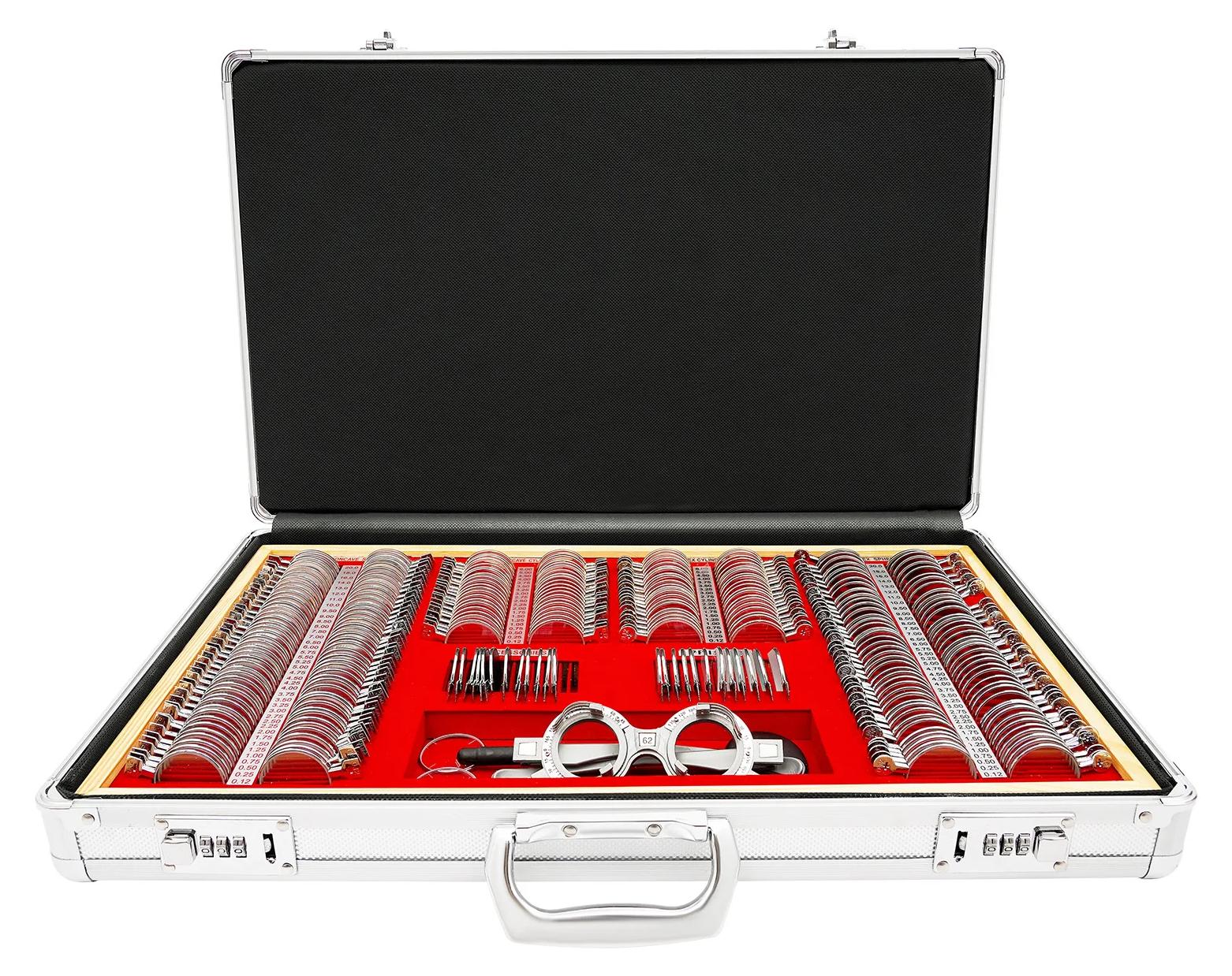 Optisches Probierglas-Set - Optometrie-Testlinsen - 266 Linsen - MRT-kompatibel - Metallfassungen - Samtetui - Silber Rot