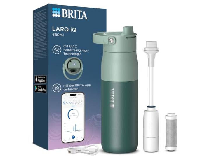 BRITA LARQ iQ Digitale Edelstahl Trinkflasche mit Wasserfilter (680 ml) Grün, Hydration Tracking (BRITA App), Strohhalm, Aktivkohle Filter, UV-C, neutralisiert 99,99% Bakterien, filtert PFAS