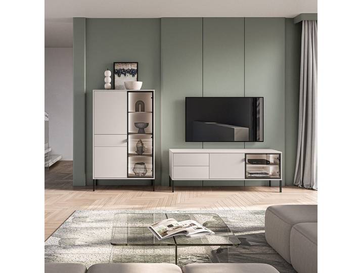 Lomadox Wohnzimmer-Set BANSIN-131, (Mega-Spar-Set, 2-St., Lowboard), in Kaschmir, LED-Beleuchtung, griffloses Design, Glasfront