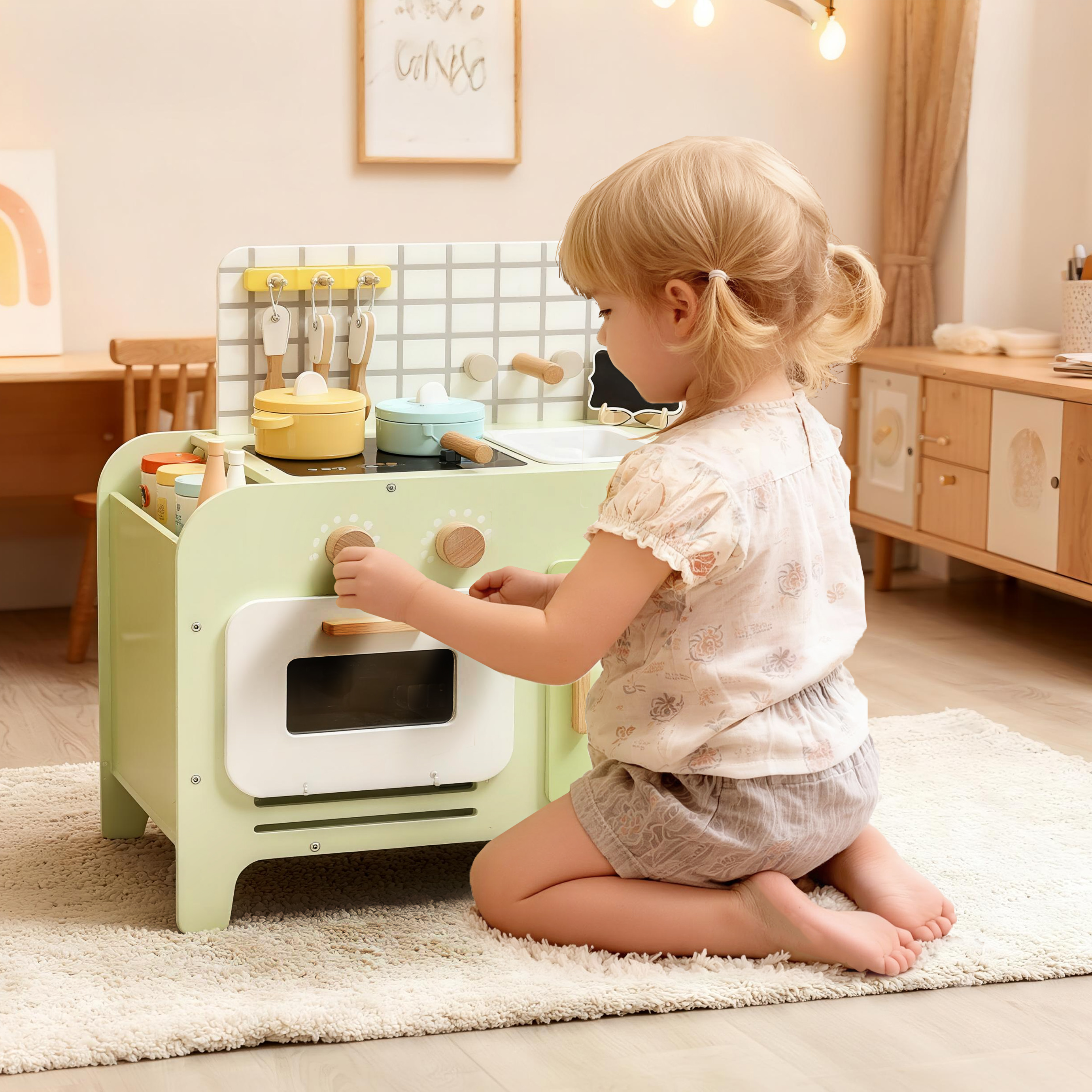 Aiyaplay Set Cucina Giocattolo in Legno per Bambini da 3+ Anni con 15 Accessori, Verde   Aosom Italy
