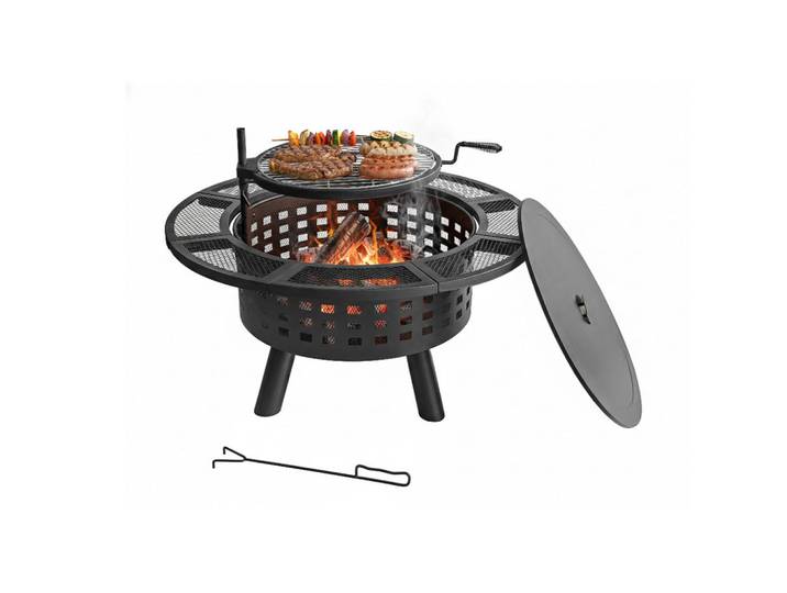 Relaxdays Feuerschale Schwarz Stahl Deckel Ø 91,5 cm, Metall, 91.5x73x91.5 cm, Gartenmöbel, Balkonmöbel