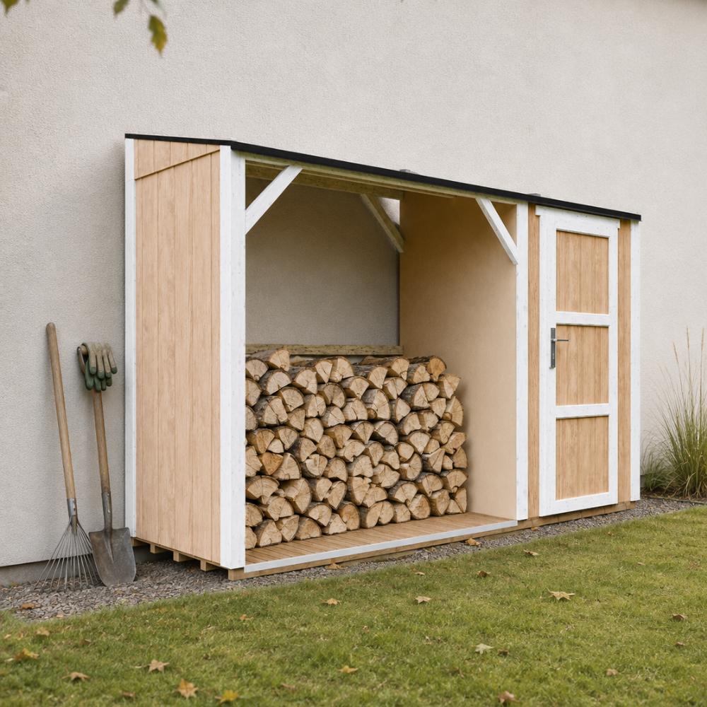 TIMBELA M985-HARVEST HONEY Brennholzlager mit geschlossenem Stauraum 4,14 m², Kaminholzunterstand mit Geräteraum