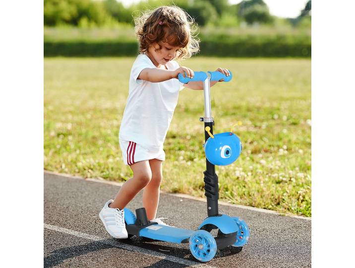 HOMCOM Trottinette Enfants 3 en 1 Bleu Hauteur Réglable Selle Dossier
