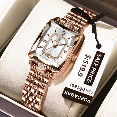 Inspire Select POEDAGAR Luxury Waterproof Rectangle Women's Quartz Watch With Calendar rosegold White