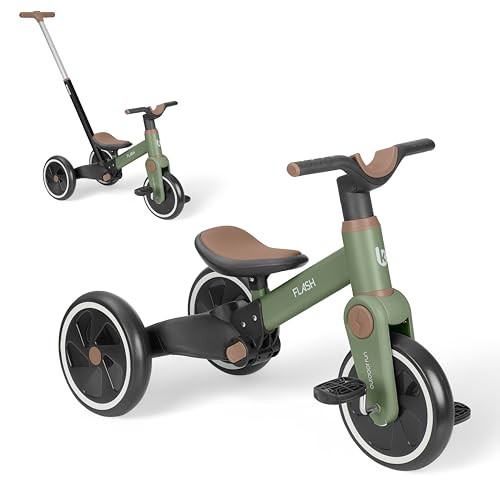 KikkaBoo Evolutionaire 5-in-1 driewieler Flash, balansfiets en loopfiets met handvat voor ouders, legergroen