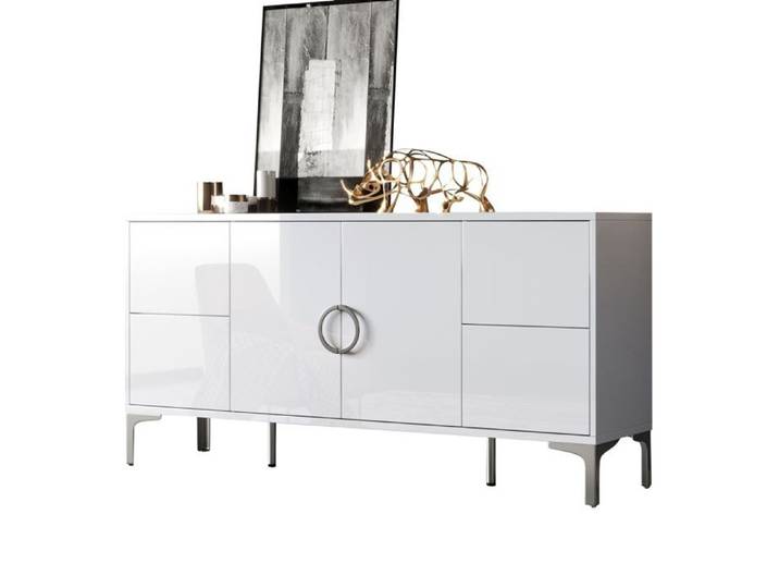 Buffet haut brillant 150x38x59 5 cm 4 tiroirs 2 portes blanc