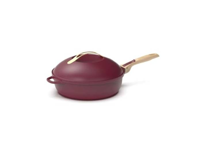 COOKUT - Die fabelhafte 8-in-1-Pfanne – Kleines Modell 24 cm – ein einzelnes Utensil, das Pfanne, Topf, Schmorpfanne ersetzt – 2 abnehmbare Griffe, Dampf-/Frittierkorb, Holzspatel – Rubin
