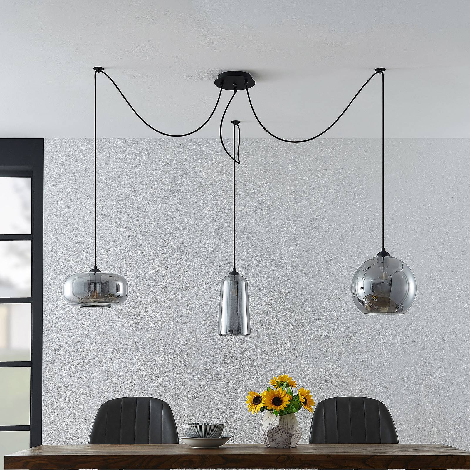 Glass Pendant Light Zyli Lucande, dimmable, Alu / grey / zinc, Living / Dining Room, Glass, Vintage, Ceiling Light