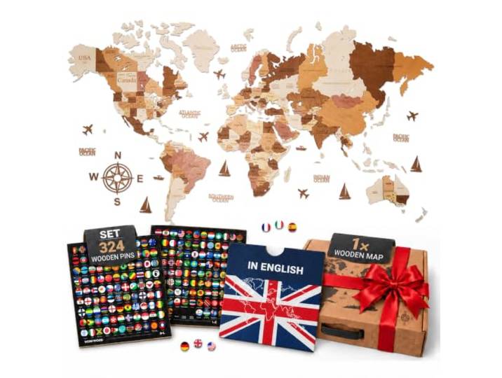 WOW WOOD Weltkarte aus Holz zum Pinnen auf Englisch - Deko für kleine Wände Größe M 120x62 cm, über Kommode, Flur oder Nachttisch, Naturholz Birke, 324 Flaggen-Pins, Geschenk für jedes Zuhause