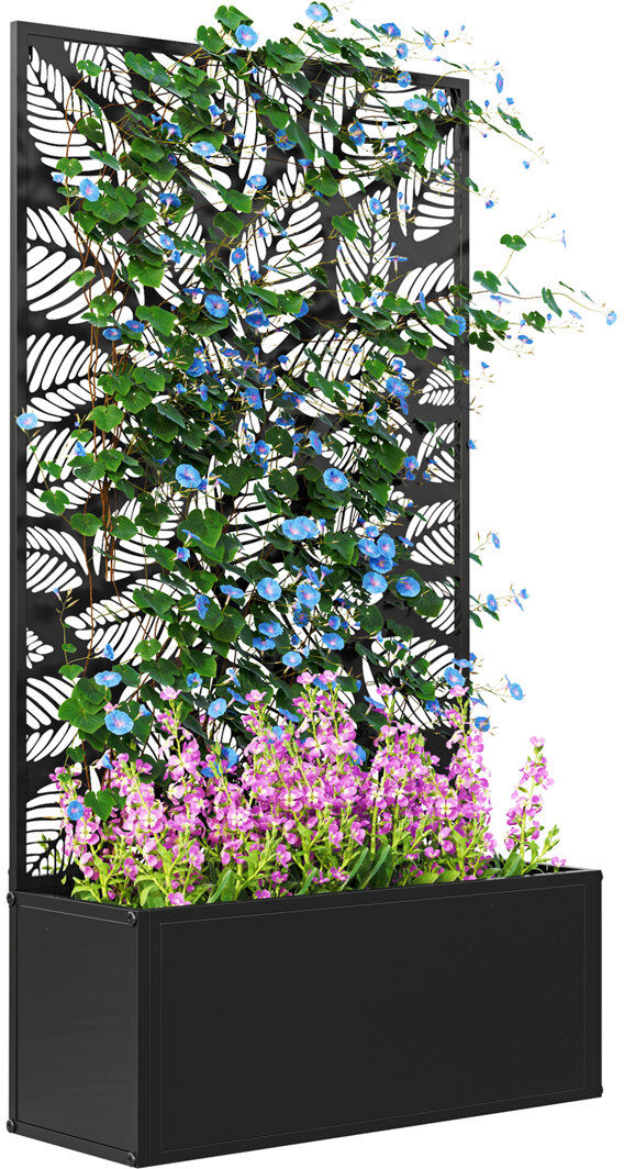 Borough Wharf Outsunny Metal Garden Bed with Trellis, Large Leaves Cut-out Black 113cm H X 61cm W X 23cm D