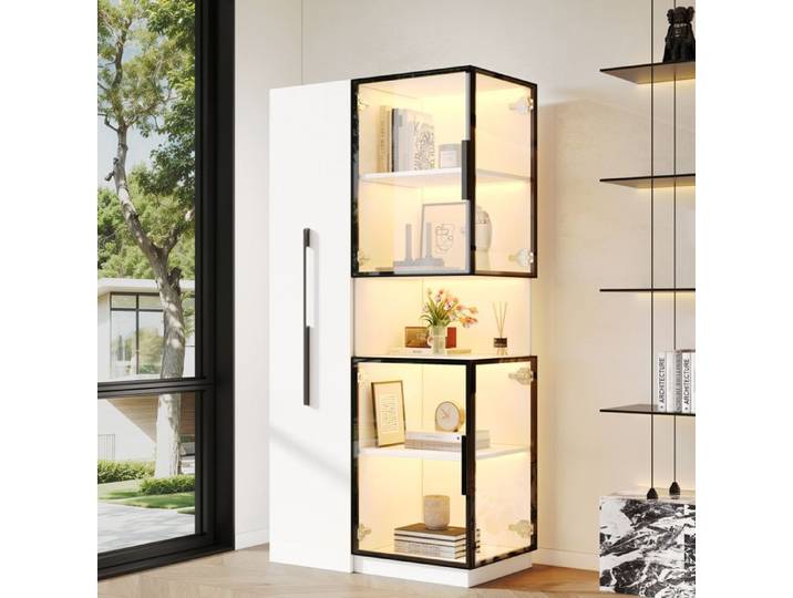COVREO Vitrine haute 70 x 38 x 160 cm avec LED multicolore étagères coulissantes MDF et verre blanc
