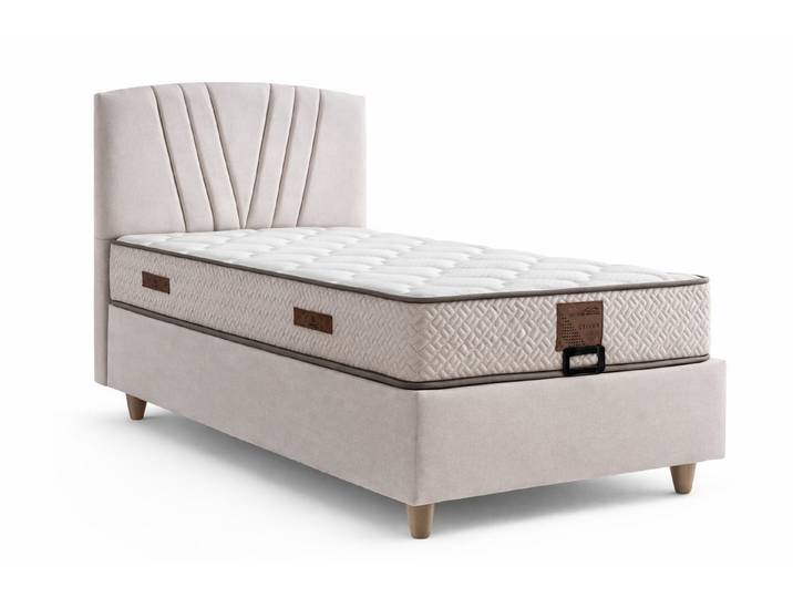 JVmoebel Boxspringbett Einzelbett Moderner Stil Weiches Bett Beigefarben Bett mit Stauraum
