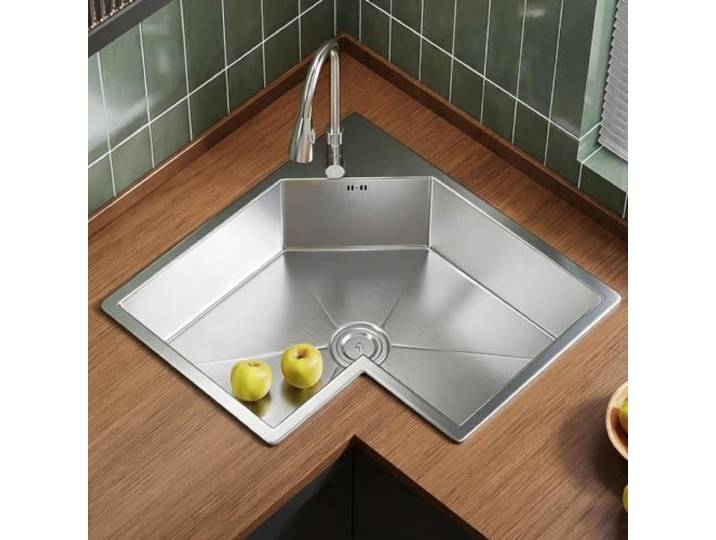 Eckspüle Küche aus Edelstahl 304, Einzelbecken mit Ausziehbarer Armatur Spüle Küche, 21cm Tiefes Becken, Aufsatz-, Unterbau- und Flächenbündige Montage(Silver,55x55cm/21.7x21.7in)