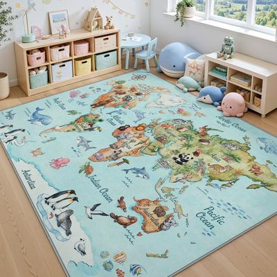 BLUEBELL Kids World Map Area Rug, Washable Non-Slip Carpet with Soft Faux Wool