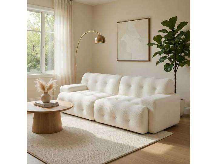 Xylo Canapé nuage deux places large accoudoirs design moderne boutons incurvé salon appartement beige