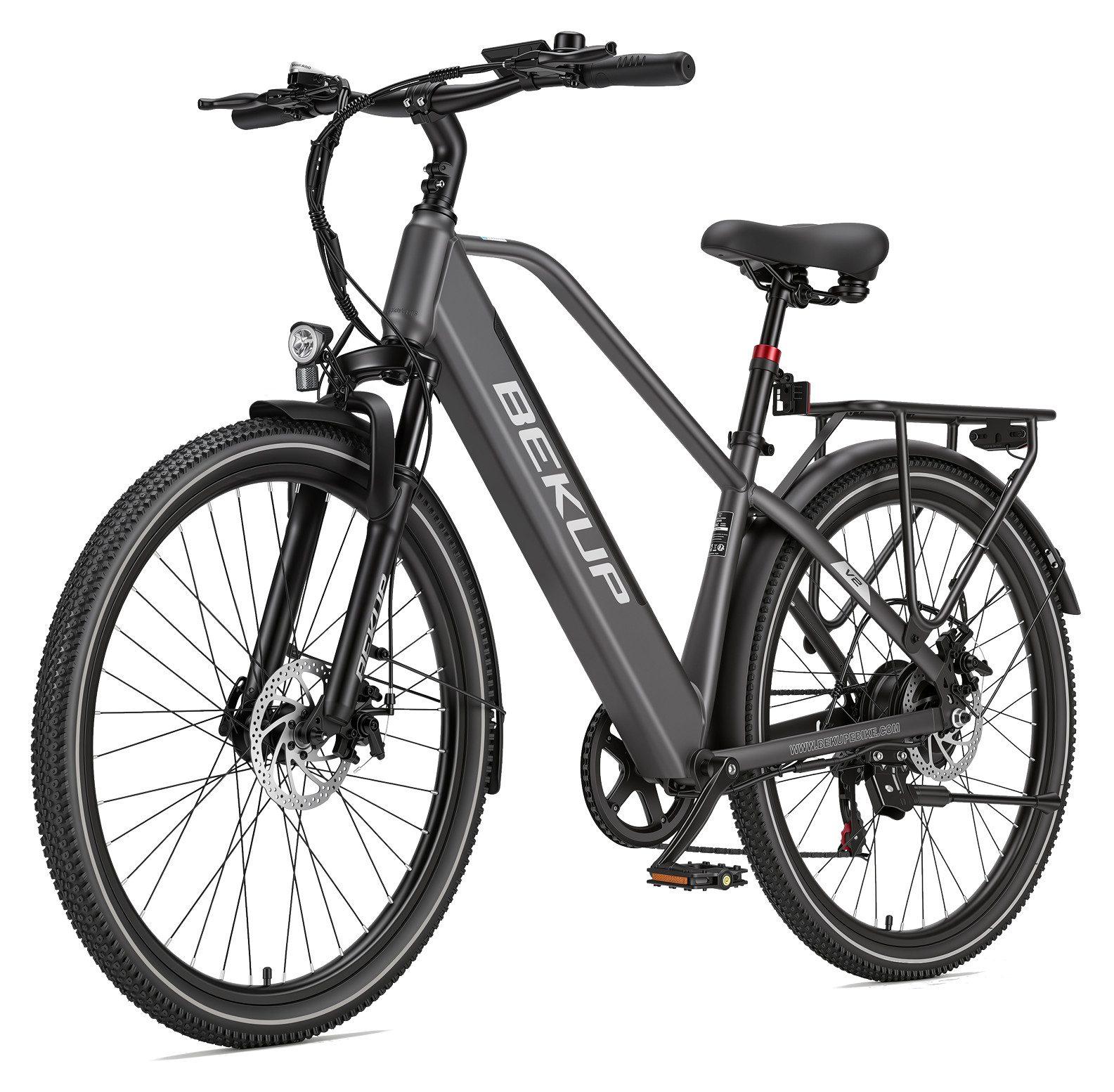 Draixcor V2 E-Bike Cityrad 26 Zoll Trapezrahmen, 522Wh Akku, 75 km Reichweite, 250W Heckmotor, Shimano 7-Gang, Federgabel, Farbdisplay, Grau