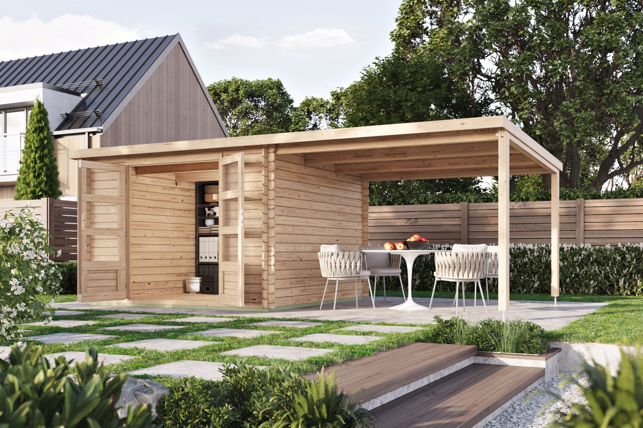 Karibu Gartenhaus Gerätehaus Blockhaus Mansfield naturbelassen 571x297x205 cm mit Anbaudach