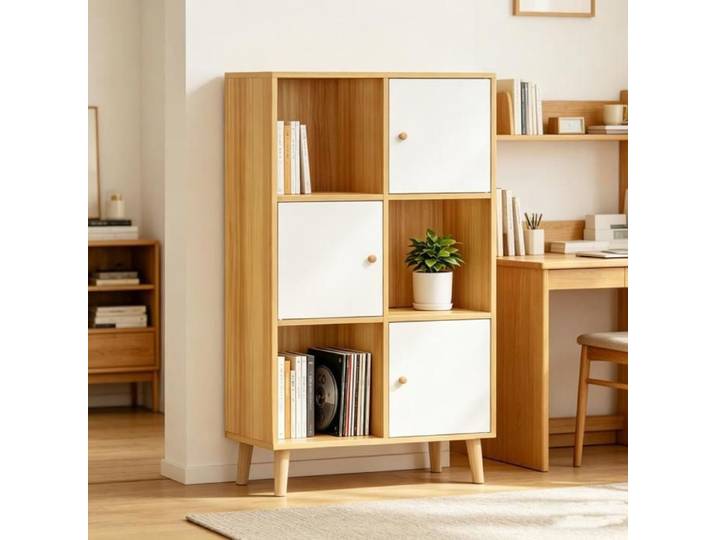 Bibliothèque armoire VIVOLILV 3 Portes 6 Compartiments Pieds en bois 64x30x109.5cm Bibliothèque Anti-basculement Beige + Blanc