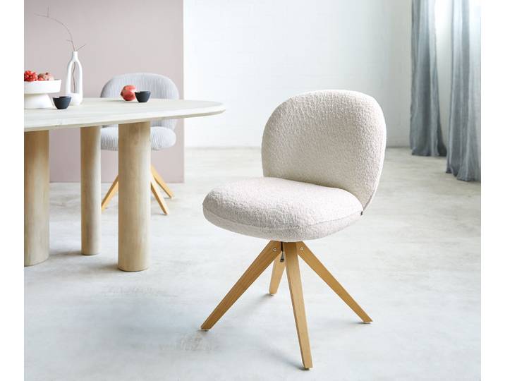 Drehstuhl Nube-Flex Bouclé Weiß Holzgestell kantig Natur 360° drehbar Taschenfederkern, Esszimmerstühle
