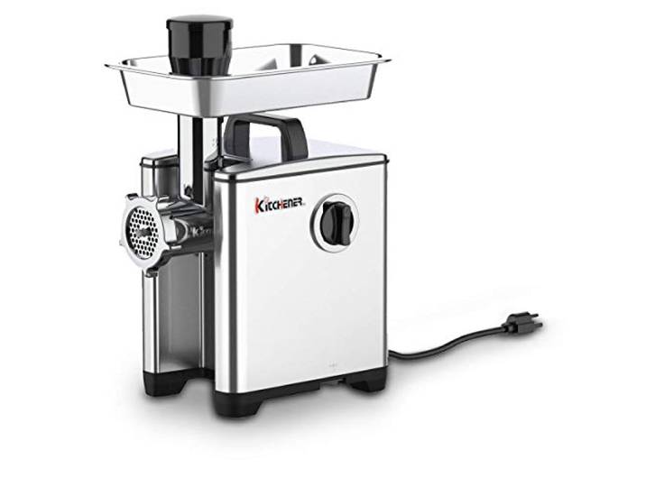 Kitchener Elektrischer Fleischwolf, 370-W-Motor, Edelstahl, 230-V-Betrieb Robust und langlebig; Metallgetriebe, Edelstahlmesser und abnehmbare Fleischwanne; inkl. 3 Wurstfüllrohre