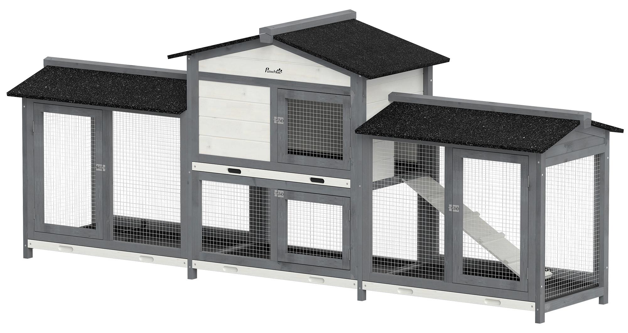 Hasenstall 2 Etagen Kaninchenstall Holz 230 x 53 x 93,5 cm Winterfest mit Asphaltdach Freilaufgehege herausziehbar Wanne