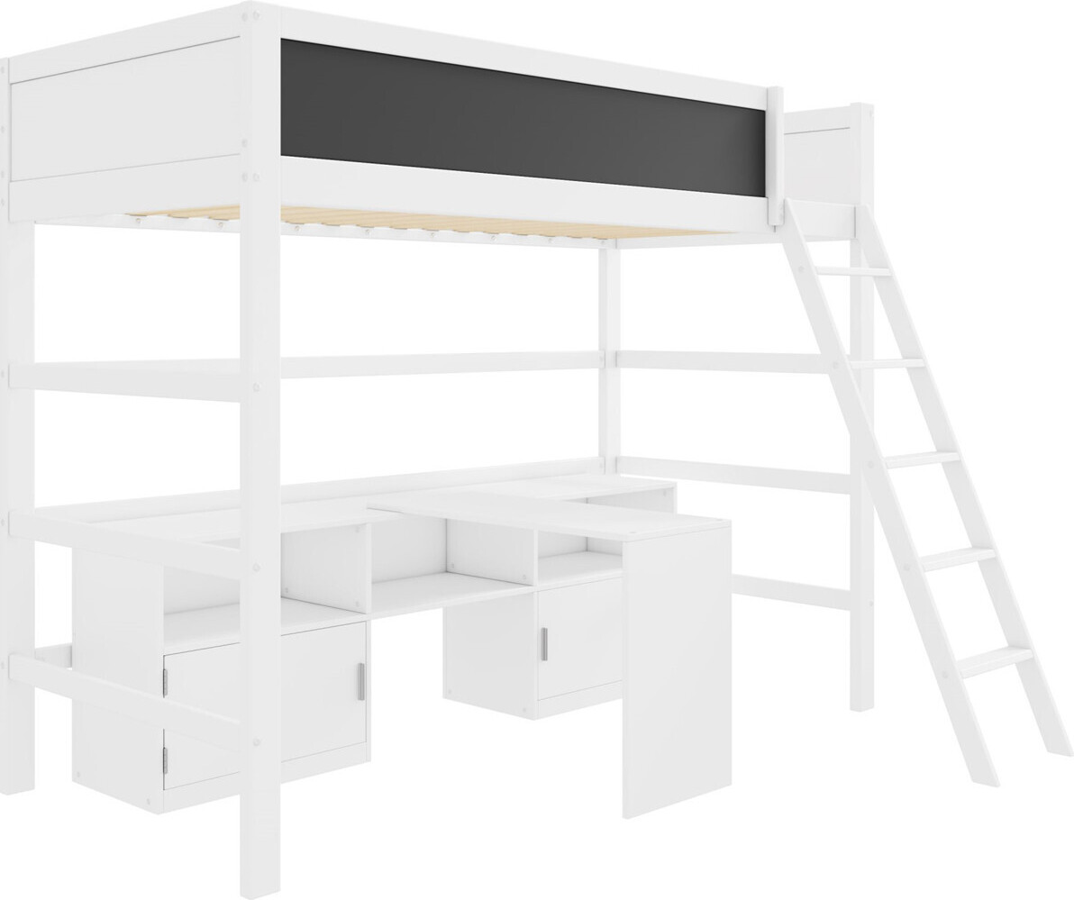 Multifunktionales Kinderbett,Einzelbett,Etagenbett,Mit Beweglicher Tisch,Brett,Kritzelbrett,Stauschrank und Leitern, 90*200 cm,Weiß