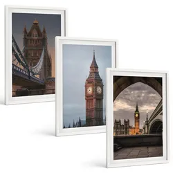 BILDER SET 3er Set - 40x60 cm Weißer Rahmen - London Bridge Big Ben Uhr
