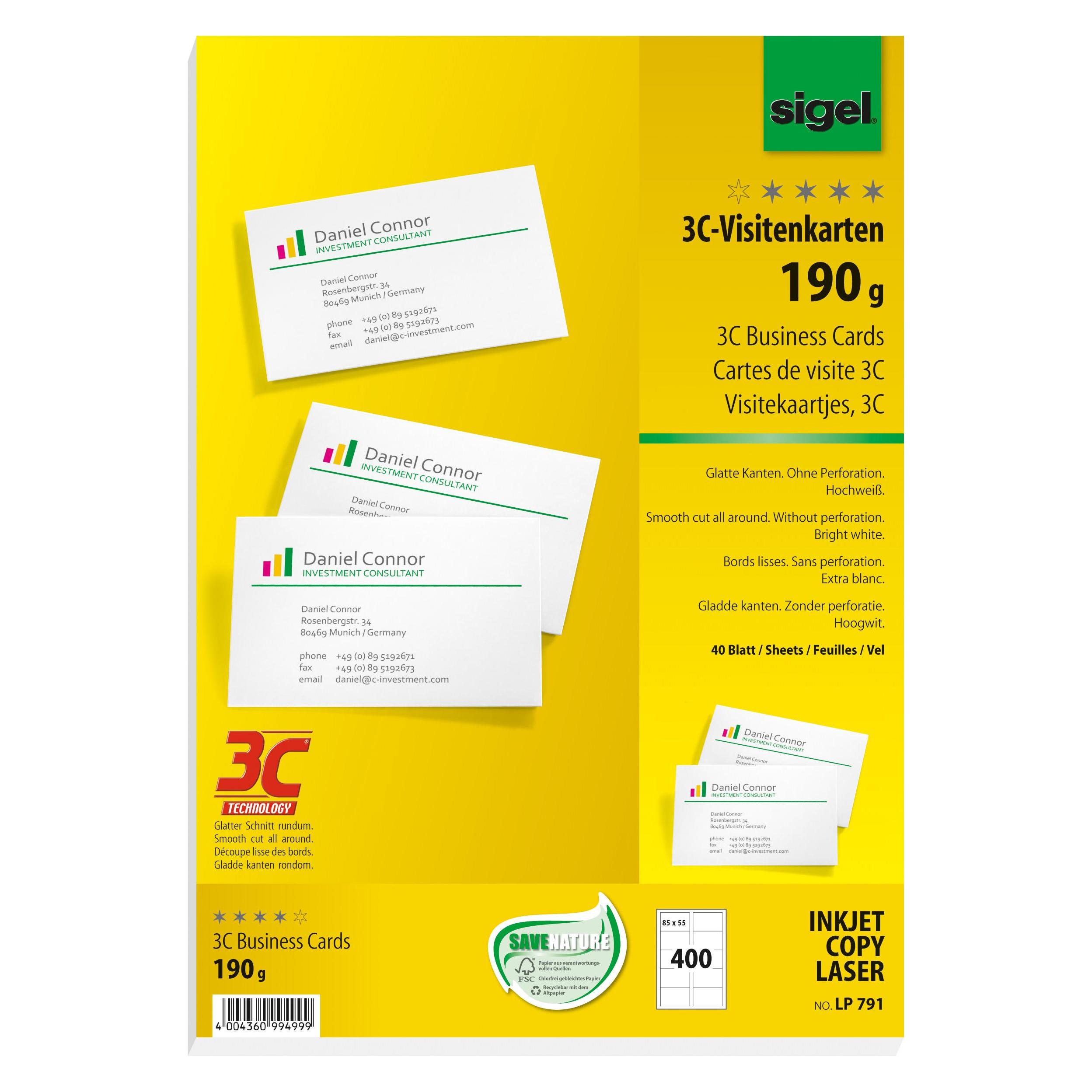 Sigel Visitenkarten 3C (A4, 400 Blätter, 190 g/m²) (LP791)