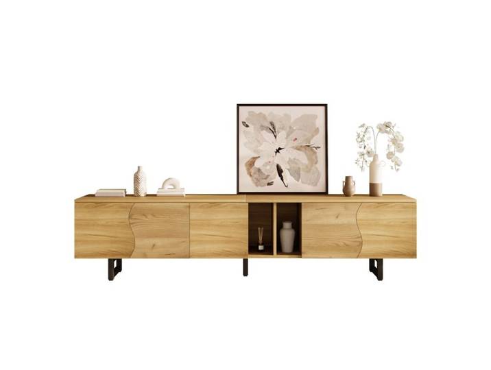 Meuble TV Bas 191cm 5 Portes et 2 Niches Banc TV Bois Naturel avec Portes Incurvées MDF Salon 191x38x46 5cm Naturel