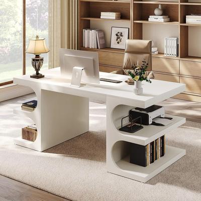 BLUEBELL "62"" White Office Executive Desk, Modern Curved Computer Desk with Open Storage, Writing Table Business Workstation"