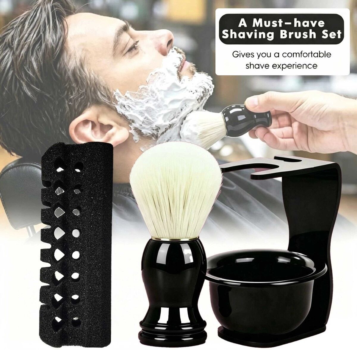 INF Silikon Nassrasur-Set mit Seifenschale, Pinsel, Schwamm und Halter – Schwarz