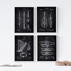 POSTER Set mit 4 Schwarz Orchester Instrumenten Patenten A4 Schwarzer Rahmen