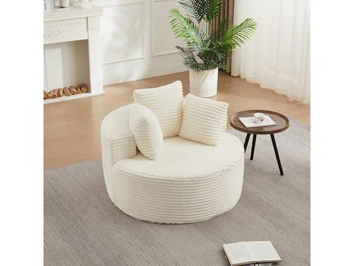 Switdo Runder Cord-Sessel 110 cm Beige Modern Minimalistisch Rundes Design mit Anti-Rutsch-Granulat für sicheren Stand
