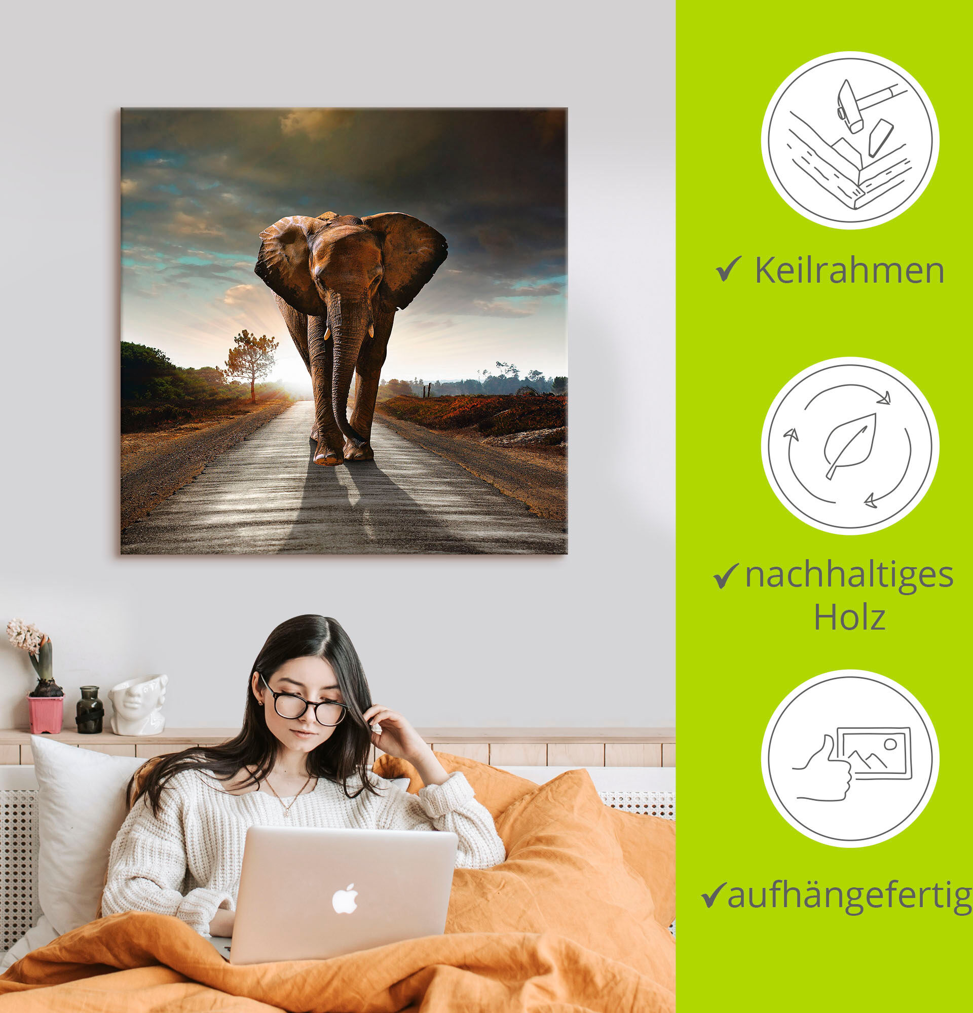 Leinwandbild ARTLAND "Ein Elefant läuft auf der Strasse", braun (farbe bild(er): braun), B:70cm H:70cm, Bilder, Leinwandbild, auf Holzrahmen gespannt farbe bild(er): braun B/H/T: 70cm x 70cm, Leinwandbild Wildtiere quadratisch, 1 Stk.