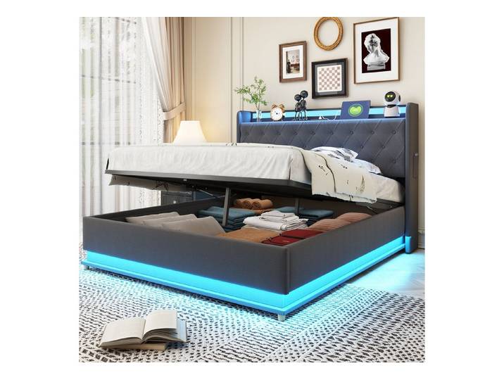 OKWISH Polsterbett Funktionsbett mit USB-Ladeanschluss und Hydraulischer Lagerung (Hautfreundlicher Leinenstoff 140x200 cm), ohne Matratze