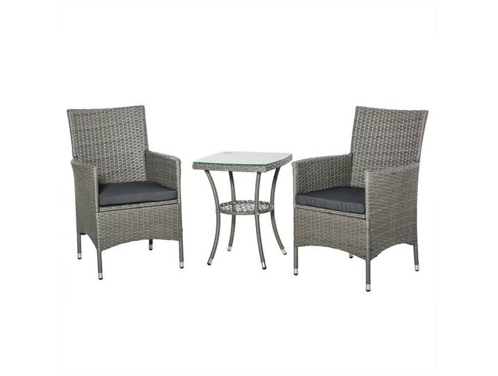 Outsunny Rattan Gartenmöbel Set mit Beistelltisch, Bistroset 3-tlg., Polyrattan + Stahl, Grau, Metall, Gartenmöbel, Gartengarnituren, Gartenmöbel-Sets