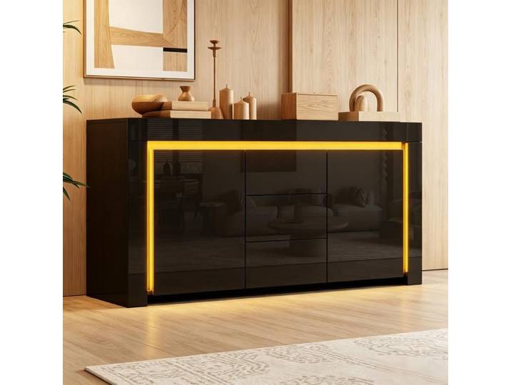 Buffet bas - ZEVKOR - 140×40×65 cm - 2 portes 3 tiroirs - LED - Finition laquée brillante
