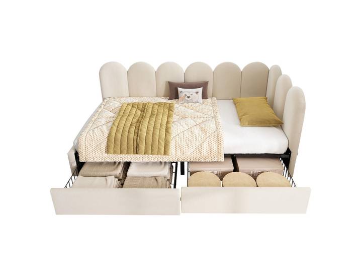 Redom Polsterbett 90/200 cm mit 2 Schubladen, austauschbaren Seitenteilen und Samtbezug, Beige, 90x200 cm, Schlafzimmer, Betten, Polsterbetten