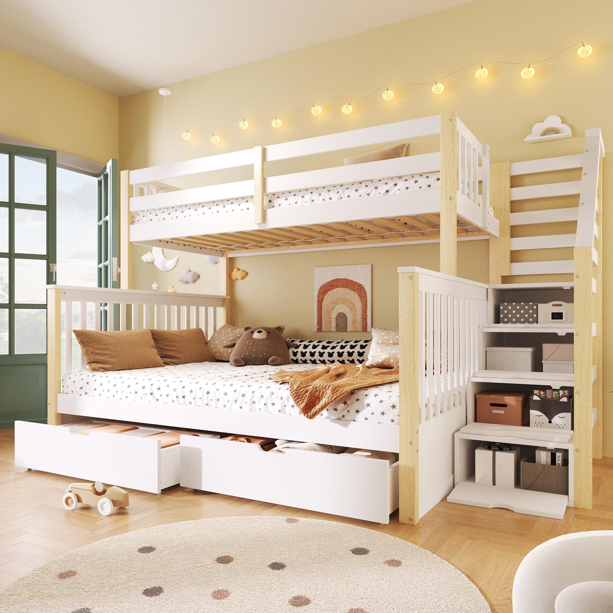 Zerbaco Etagenbett 90x200 cm über 140x200 cm, Doppelbett über Doppelbett mit Schubladen und Stauraum, Weiß und Natur, Ohne Matratze