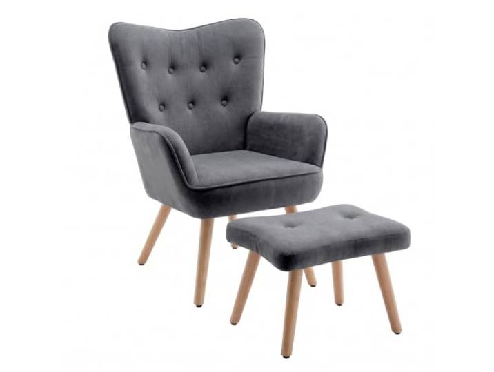 HollyHOME Ohrensessel mit Hocker Sessel mit Hocker Sessel Wohnzimmer & Schlafzimmer Samt Relaxsessel Lesesessel Lounge Sessels Armlehnensessel, Dunkelgrau